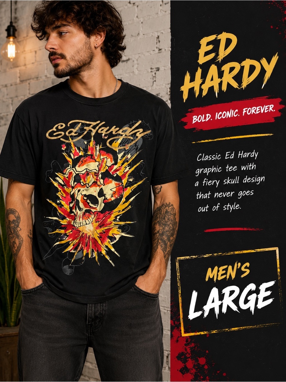 Ed Hardy Black Graphic Tee with Red & Yellow Flaming Skull SIZE LARGE